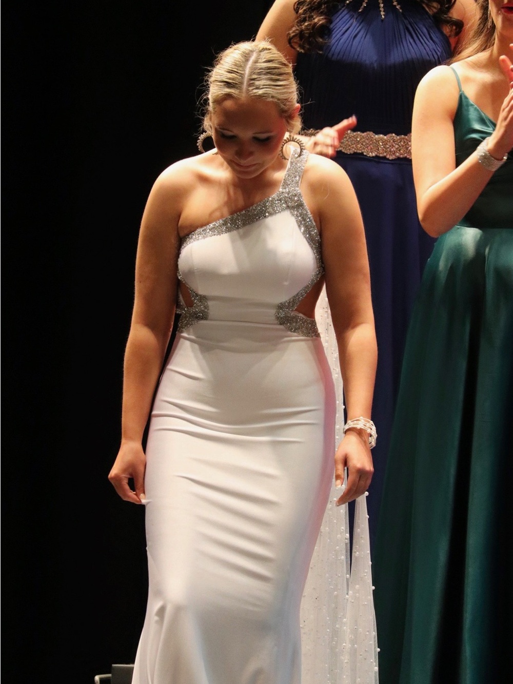 One-Shoulder White Evening Gown with Silver Accent